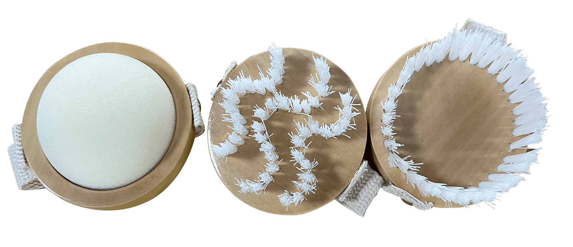 3 Hand Brushes. One features a fabric dauber, another of bristles in wave patterns, and the last of bristles in a ring.