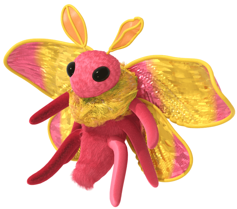 A plush toy designed by Cat Hong of a rosy maple moth.