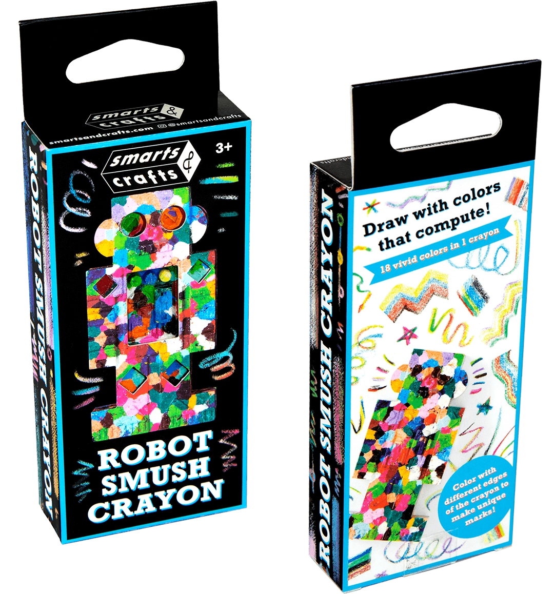 A front and back view of the Robot Crayon's packaging.