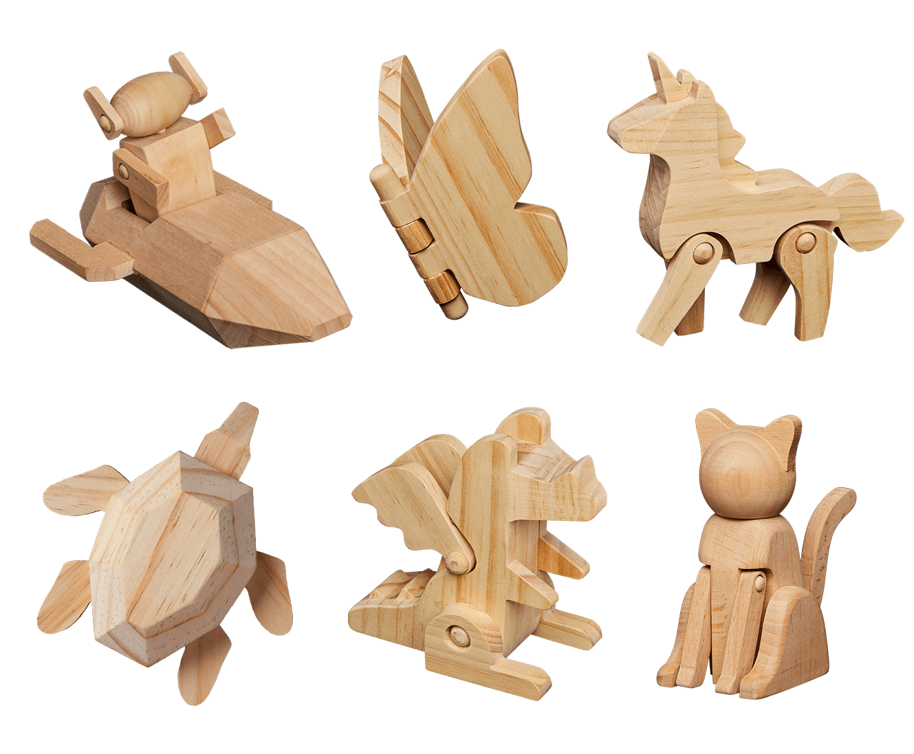 6 Wooden Figurines designed by Cat Hong for Smarts & Crafts. They are the Alien Explorer, Butterfly, Unicorn, Turtle, Dragon, and Cat