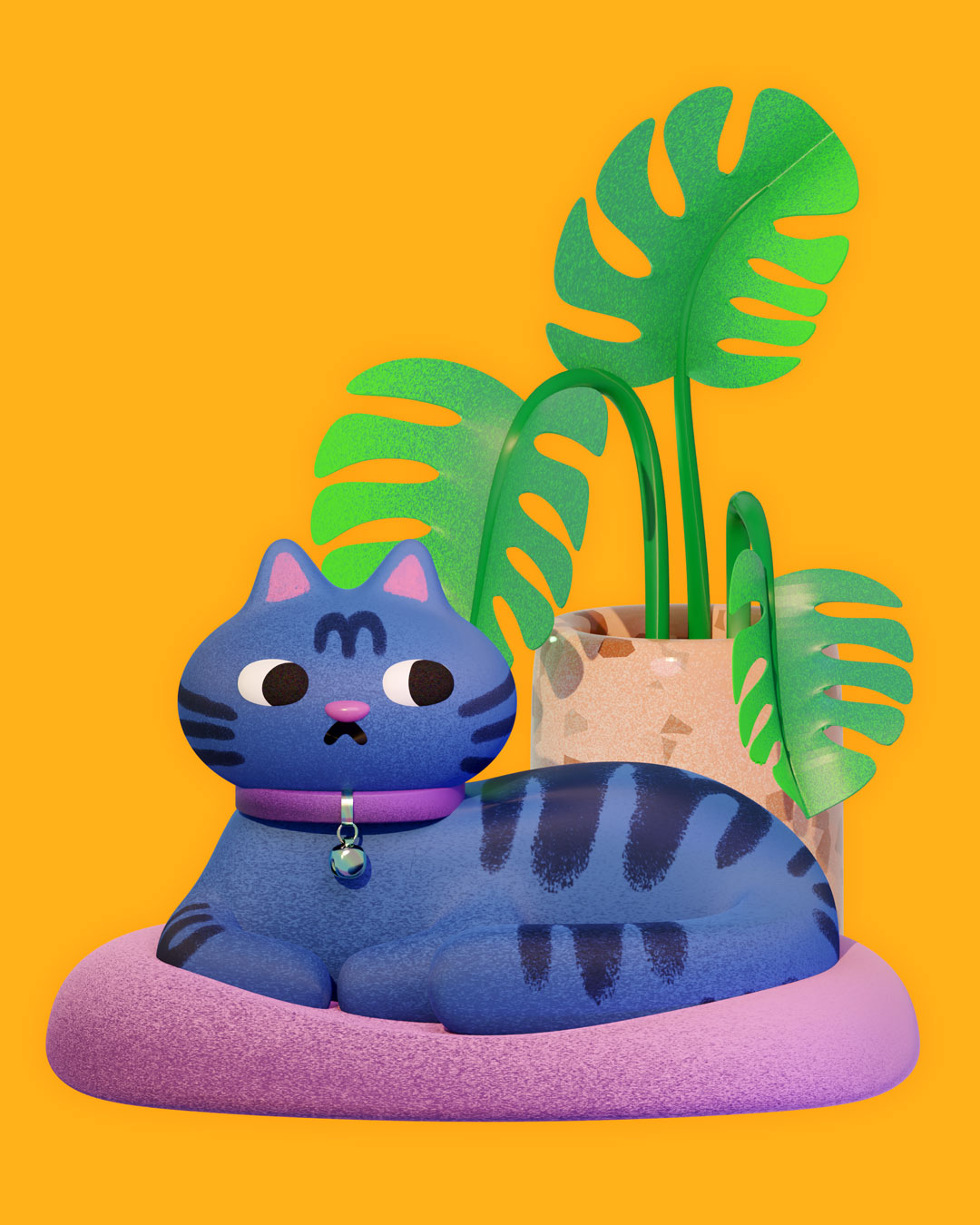 Blue Tabby with Monstera