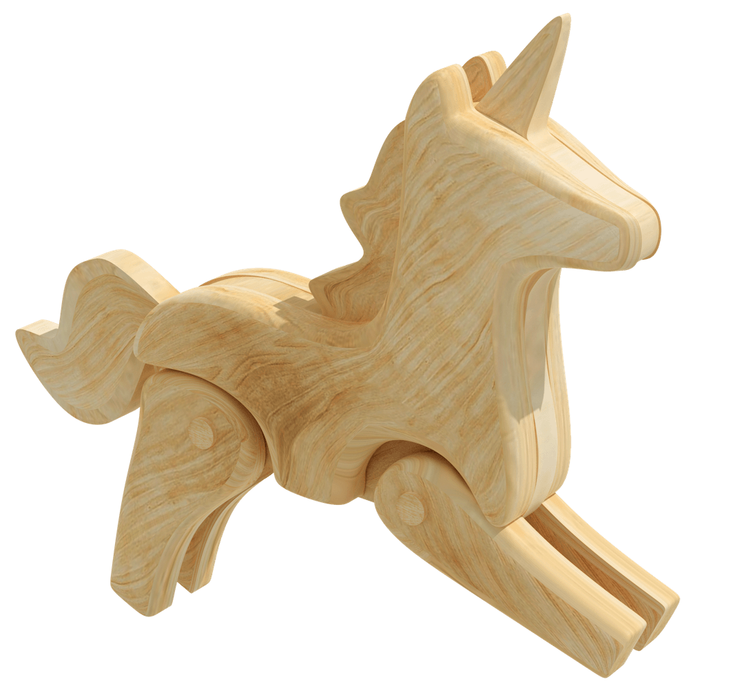 Wooden Unicorn toy posed jumping